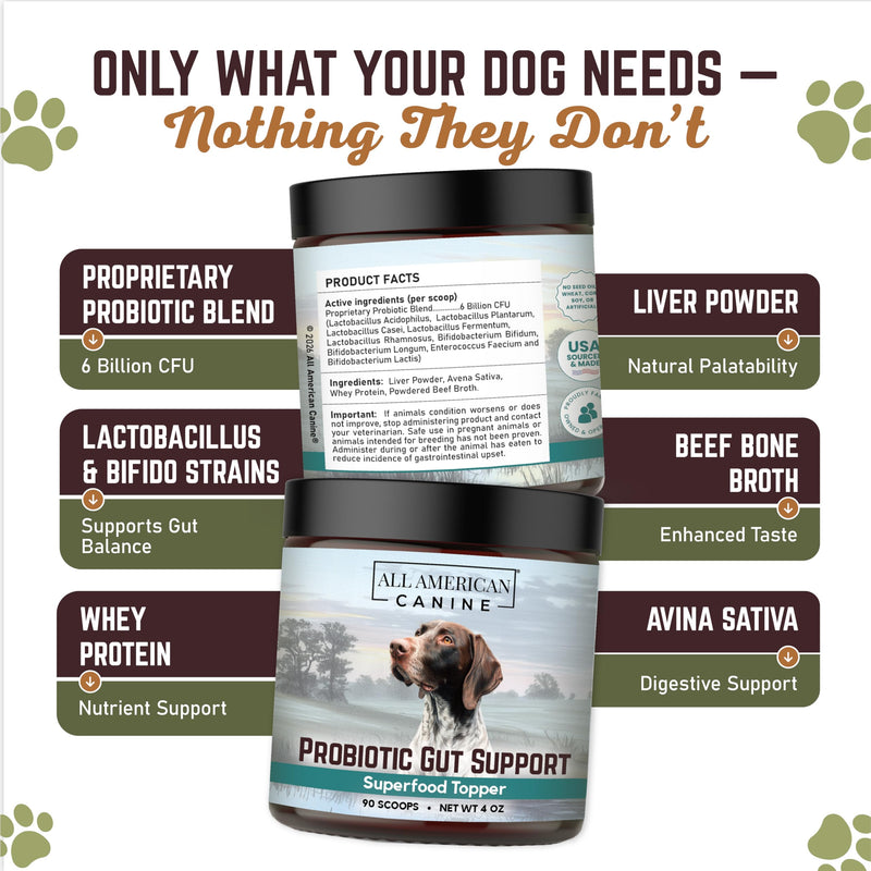 All American Canine Complete Probiotic Gut Support - Prevents Digestive Gut Health, Boosts Immune System - Blend Helps Prevent Digestive Issues Diarrhea, Constipation, & Inflammatory 90 Serving - 5oz