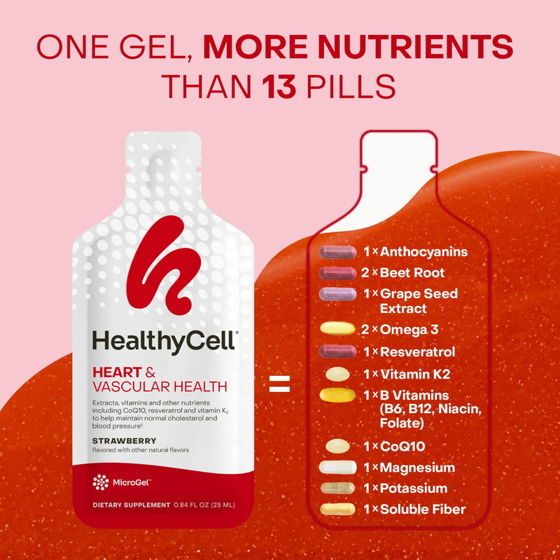 Healthycell Heart & Vascular Health Daily Liquid Supplement - Blood Pressure & Cholesterol Support with Beet Root Powder, Resveratrol, CoQ10, Omega-3 & Vitamin K - 30 Gel Packs 0.84 Fl Oz (Pack of 30)