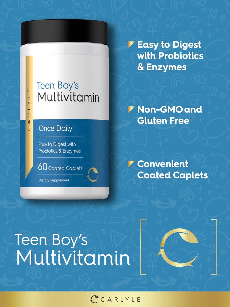 Carlyle Teen Multivitamin for Boys | 60 Caplets | Once Daily | Easy to Digest with Probiotics & Enzymes | with Iron | Non-GMO, Gluten Free