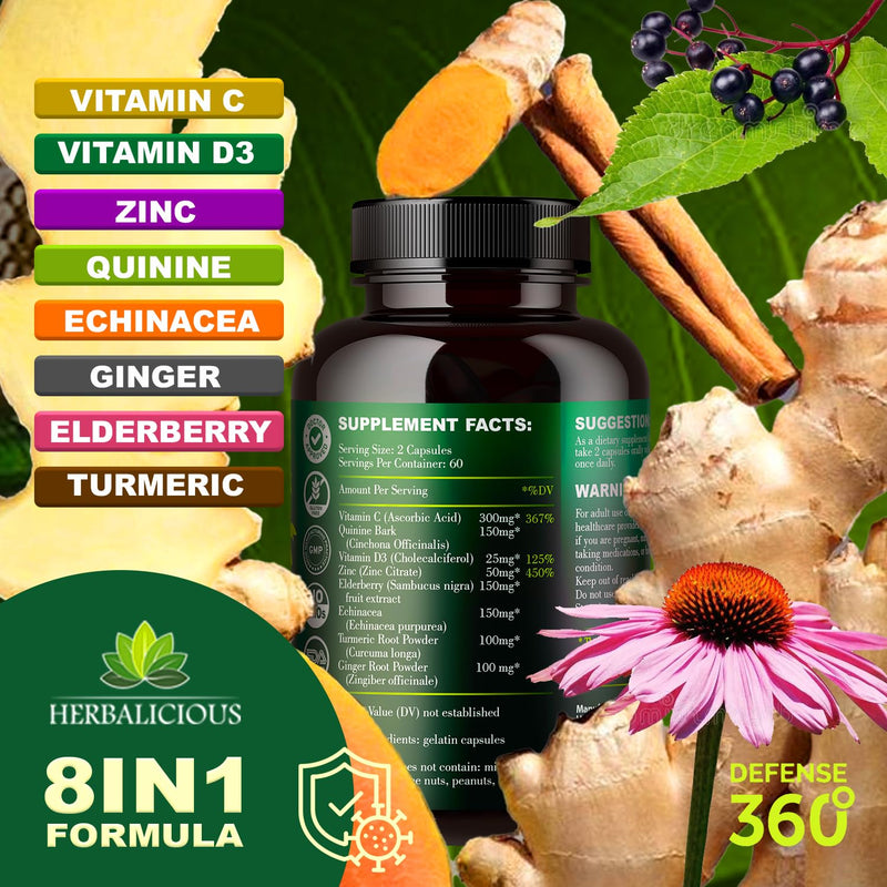 Defence360 Immune Support 8-in-1 Supplement with Vitamin C, D3, Zinc, Elderberry, Echinacea, Turmeric, Ginger & Quinine, Immune Protection, Energy and Vigor, Brain Boost, Stress Relief (120 Capsules)