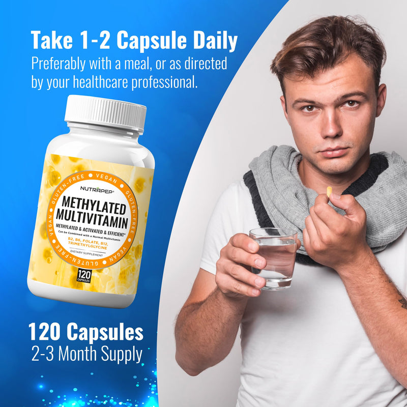 NutraPep Methylated Multivitamin for Men Women - 5-MTHF Riboflavin | Vitamin B2 B6 B12 B Complex Trimethylglycine Methyl Folate L Methylfolate Capsules Supplement
