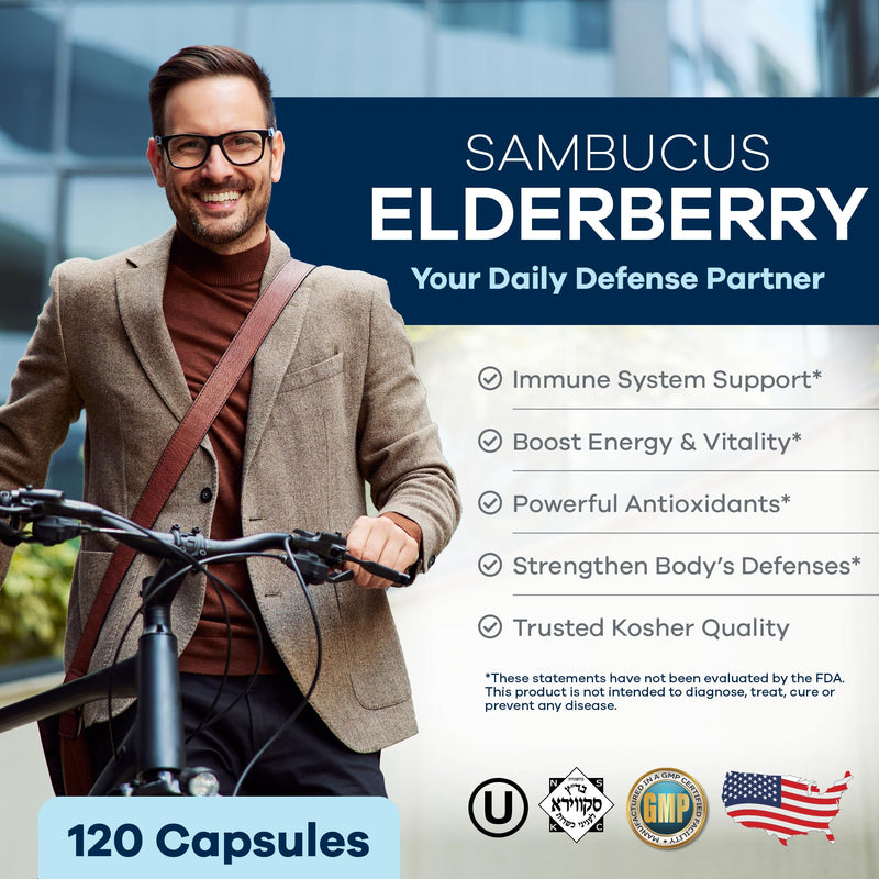 FREEDA Sambucus Elderberry Capsules - 5-in-1 Immune Support - 120 Count | Herbal Antioxidant Supplement with Vitamin C, Zinc, Vitamin D3 & Ginger for Adults - Gluten-Free - Made In USA 120 Count (Pack of 1)