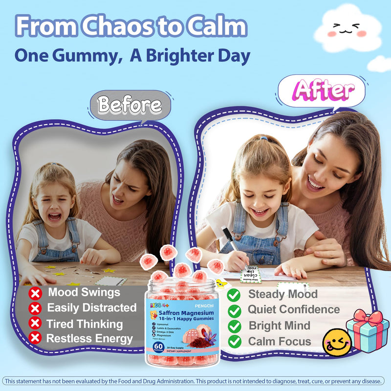2 Pack, Saffron Gummies for Kids with Magnesium Glycinate Omega-3 L-Theanine Holy Basil Rosemary Vitamin B6 D3 for Happy Moods, Calm Focus, Cognition, Natural SIeep, Non-GMO, Sugar Free