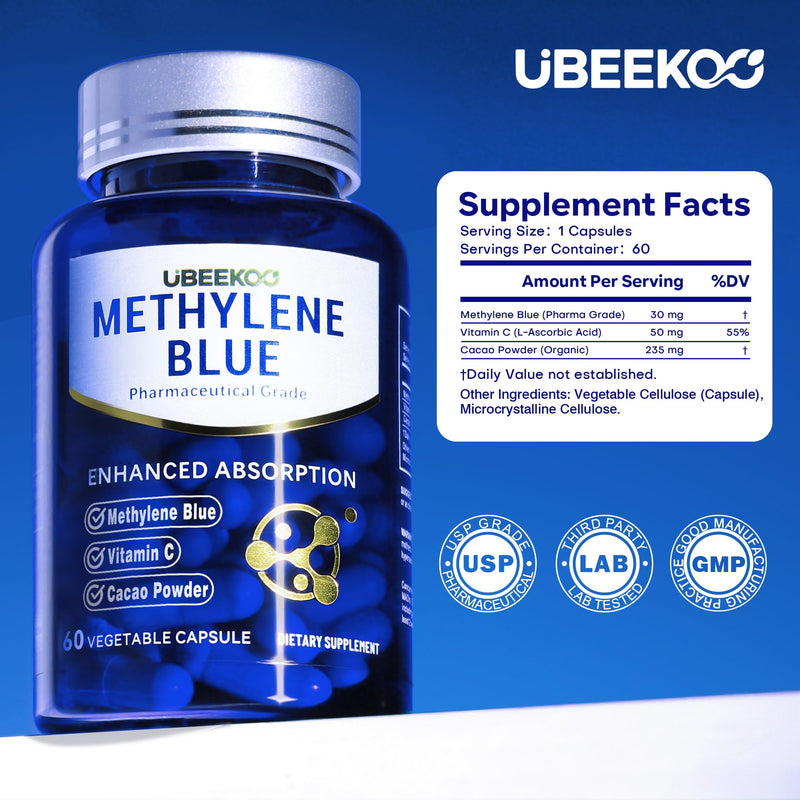 Methylene Blue Capsules, 30mg Pharma Grade, 60 Vegan Capsules | 30mg Pharmaceutical Grade Methylene Blue with Vitamin C & Organic Cacao for Daily Wellness, Cellular & Cognitive Support