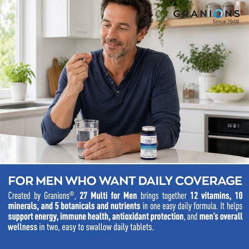 Granions 27 Mens Multivitamins Minerals Extracts - Vitamin D3, C, B12, Zinc, Magnesium, CoQ10, Quercetin, Maca Plus Multivitamin - Daily Mens Vitamins Supplement Multi for Men - 90 Tablets