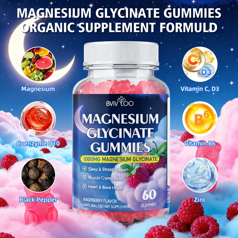 Magnesium Glycinate Gummies 1000mg with L-Threonate, Vitamin D, B6 & CoQ10 - Supports Memory, Calm & Mood - Sugar-Free Raspberry Flavor - 120 Count 2pack