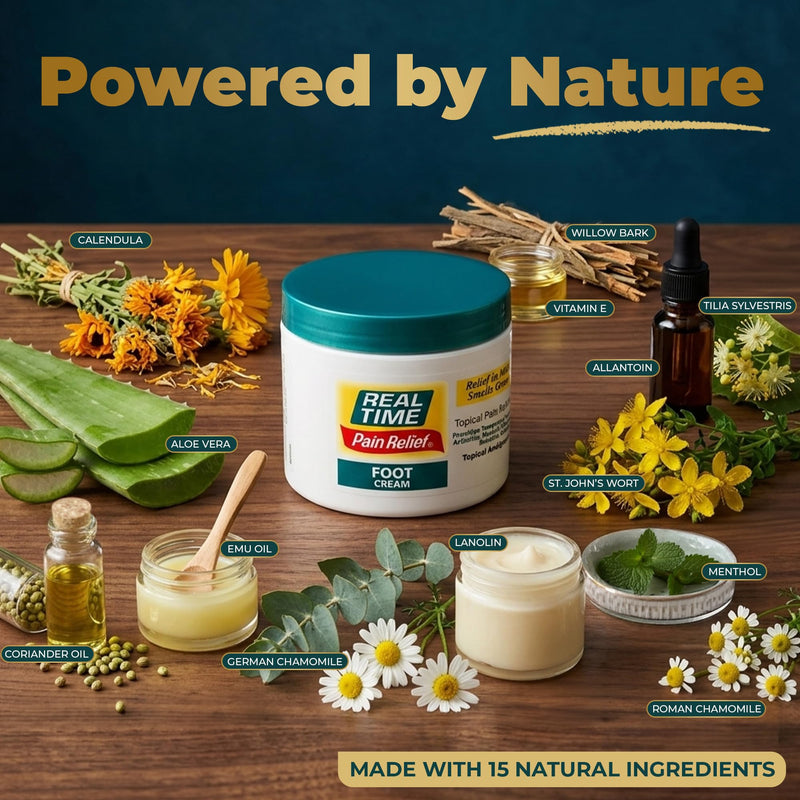 Real Time Pain Relief Foot Cream 4.4oz Jar | 15 Natural Ingredients: Menthol, Tea Tree Oil, Vitamin E & Emu Oil | Advanced Neuropathy Relief & Soothing Lotion for Tired, Swollen, Sore & Aching Feet 4.4 Ounce (Pack of 1)