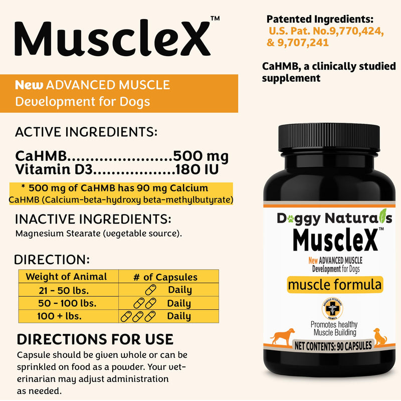 MuscleX™ Canine Muscle Formula Dogs with CaHMB 500 mg and Vitamin D3 - Natural Muscl Building Formula - Helps Reduce Muscle Loss Due to Normal Aging and Improves Recovery from Injury (90 Capsules)