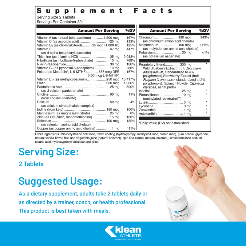 Klean Athlete Klean Multivitamin, 60 Tablets | Essential Nutrients and Antioxidants for Optimal Health and Performance*, NSF Certified for Sport Standard Packaging