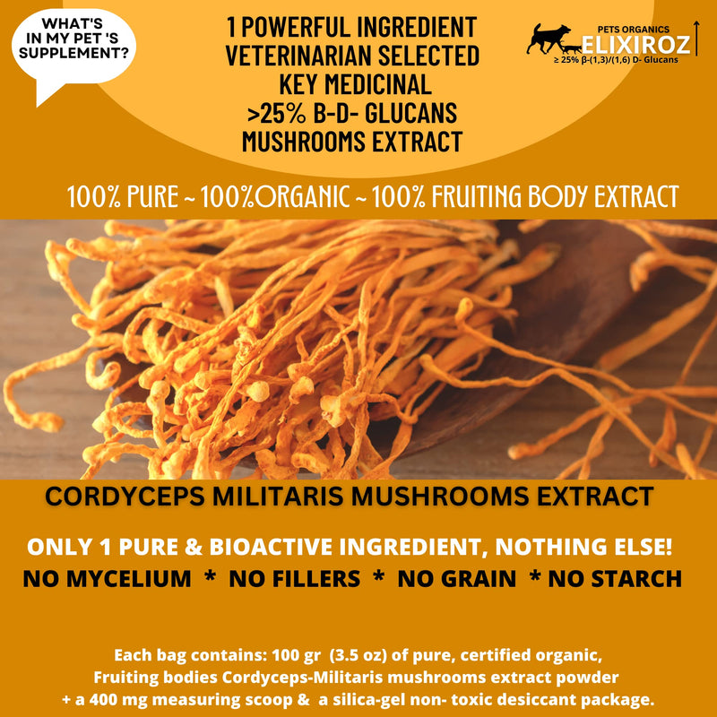 PURE CORDYCEPS M >25% β-glucans,100% Mushrooms Fruiting Bodies 8-12:1 Extract for Dogs & Cats Stamina, Energy & Tonic. Anti inflammatory. Immune, Brain, Kidney, Liver health. 250 SERVINGS for 25lb pet - PawsPlanet Australia