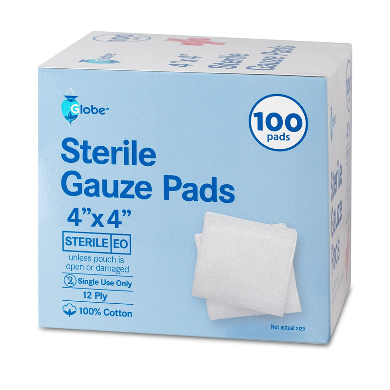Globe 4’’ x 4" Advanced Sterile Gauze Pads for Wound Dressing| 100-Pack, Individually Packed | 12-Ply Cotton & Highly Absorbent| Advanced Gauze Sponge-Pads for Wound Care & Home First Aid Kits (4 x 4) 4" x 4" - BeesActive Australia
