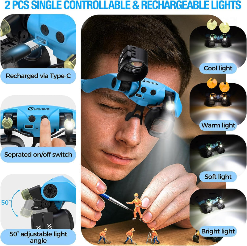 Rechargeable Magnifying Glass with Light 2X-23X,5 Pairs Lens Combos Blue