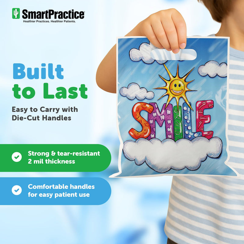 Soft Claws 100 Pcs Dental Goodie Bags – “Sunshine Smile” Design, 9 x 7.5 Inch Plastic Dental Bags with Handles, Patient Care Bags for Dentist Office, Made in USA - BeesActive Australia