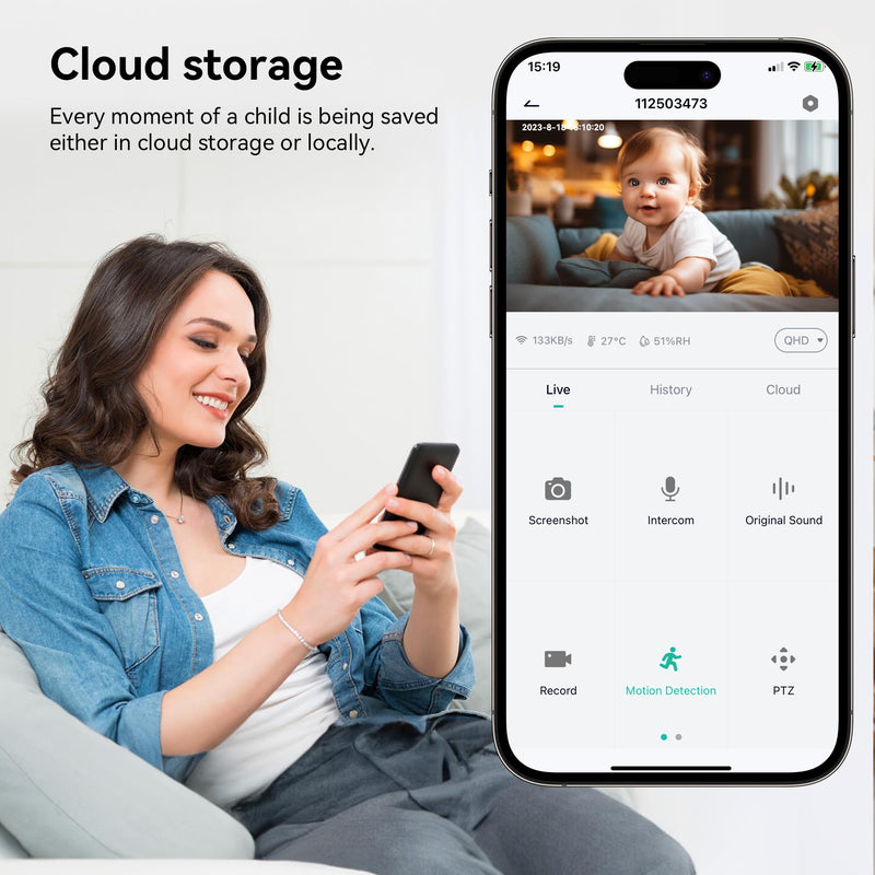 BondFree Baby Monitor with Camera and Audio, 2K Smart Baby Monitor with App,Temperature& Humidity,2-Way Talk,Night Vision,14 Lullabies,Cry & Motion Detection,4X Zoom-2.4Ghz WIFI Baby Monitor - BeesActive Australia