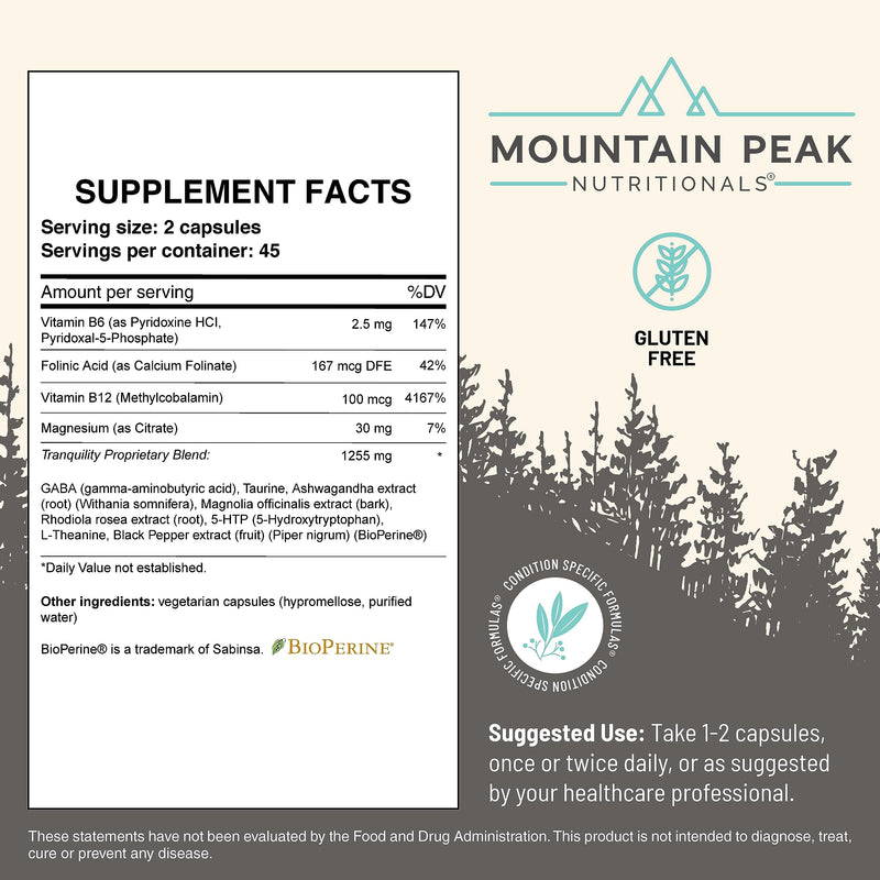 Mountain Peak Nutritionals Tranquility Formula - Supports Brain Health, Sleep & Stress Management - Vitamin B6, Vitamin B12 and Adaptogens - Hypoallergenic Dietary Supplement (90 Vegetarian Capsules)
