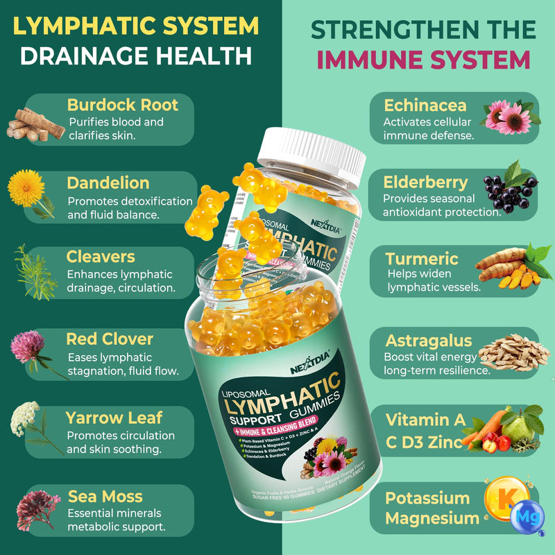 Liposomal Lymphatic Drainage Supplements Gummies, 16-IN-1 Lymph & Immune System Blend with Echinacea, Burdock Root, Dandelion, Cleavers, Vitamin A C D3 Zinc, Potassium Magnesium for Cleanse, 120cts