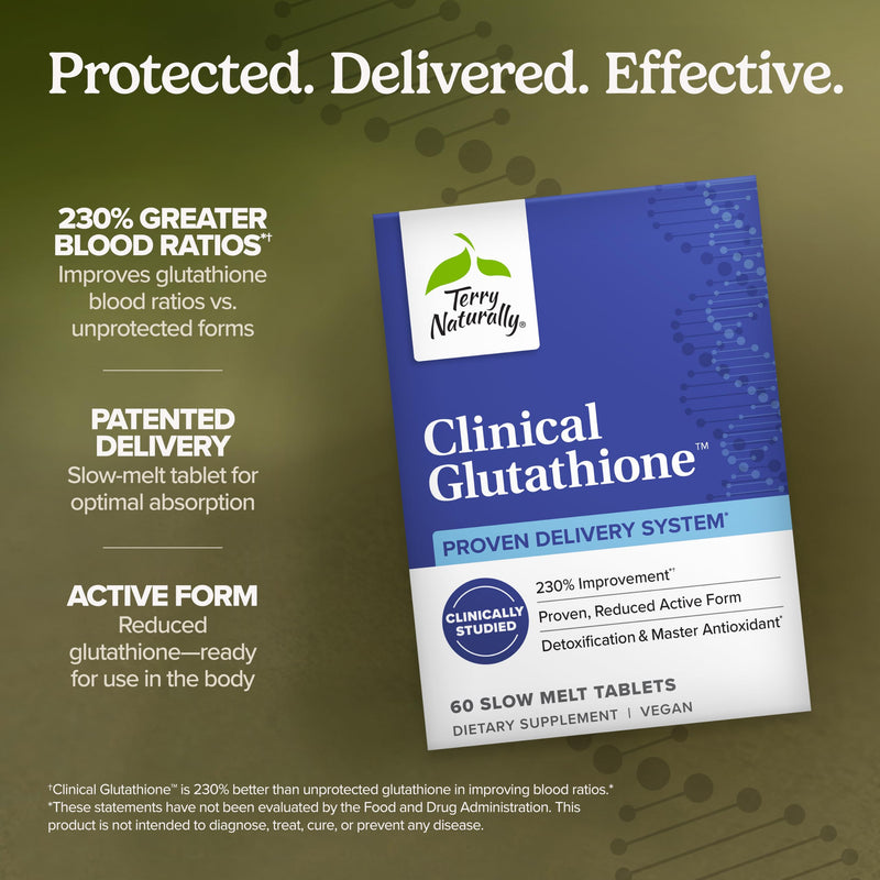 Terry Naturally Clinical Glutathione - Antioxidant & Liver - 60 Count | Cellular Antioxidant Defense and Detoxification Support. 60 tablets, Pack of 2. 60 Count (Pack of 2)