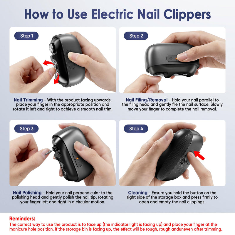 Electric Nail Clipper, Electric Nail Trimmer with Light and Nail Scraps Storage, Electric Toenail Clippers with Polishing, Rechargeable Electric Automatic Nail Clipper for Seniors, Women, Men (Black) Black - BeesActive Australia