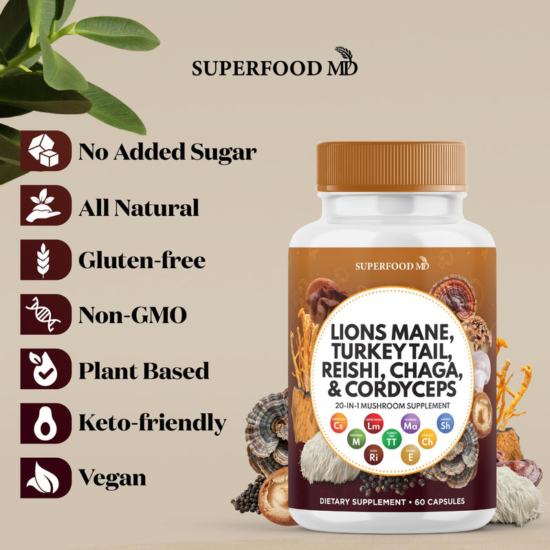 Lions Mane Mushroom Supplement with Turkey Tail Reishi Cordyceps Chaga with Marshmallow Root - 120 Count 120 Capsules (Pack of 2)