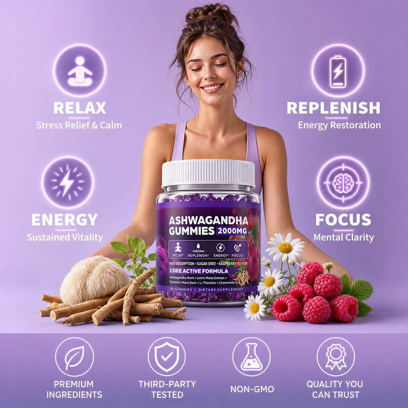 Ashwagandha Gummies, 2000mg Organic Ashwagandha for Women and Men, 90 Count | Cortisol Supplements with Lions Mane, Vitamin D3 B12, and L-Theanine for Stress, Relaxation, Sleep*, Sugar-Free, Vegan