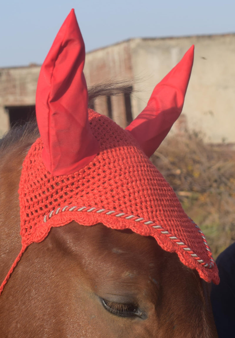 Horse Ear Bonnet Ear Net Hat Fly Bonnet Hood Mask Fly Veil Full Hand Made Cotton (Horse/Full, RED) Horse / Full - BeesActive Australia