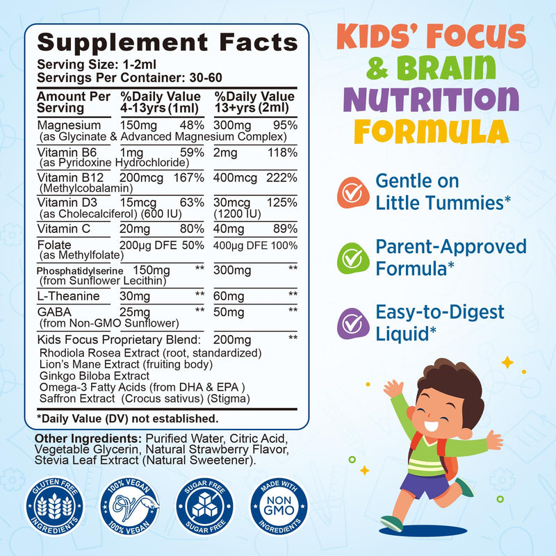 Kids Focus and Attention Supplements with Phosphatidylserine, L-Theanine, Omega-3 & Magnesium Glycinate - Kids Brain Vitamins Liquid Drops - Supports Concentration, Memory, Sleep & Mood, Strawberry 2 Fl Oz (Pack of 1)