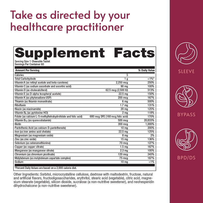 Bariatric Advantage Chewable High ADEK with Iron, Tropical Fruit, 60 Count | High Potency Vitamin A, D, E and K, Includes B-Vitamins, Chewable Multivitamin for Bariatric Patients, Tropical Fruit