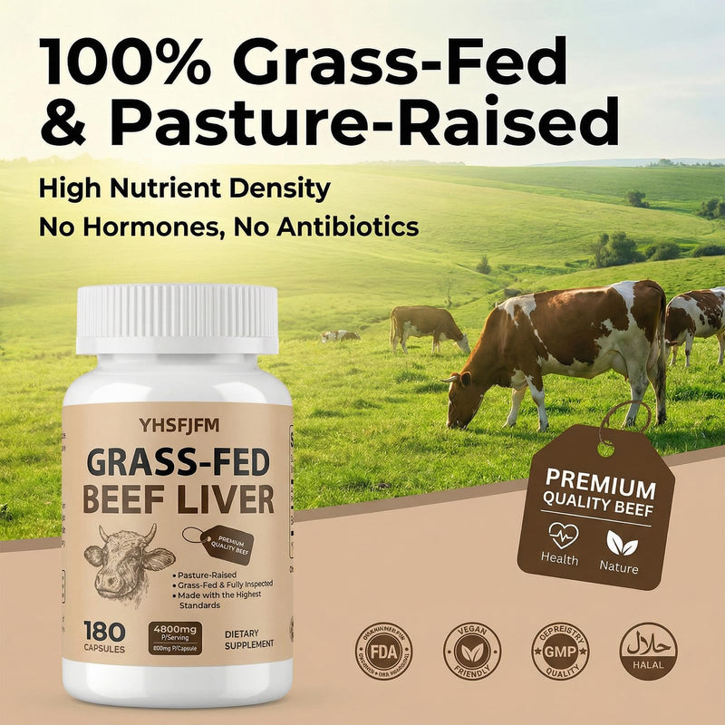 Premium Grass-Fed Beef Liver Capsules 4800mg - 180 Count | Pasture Raised, Fully Inspected | Natural Iron, Vitamin A, B12 for Energy & Immune Support | Dietary Supplement 30 Days Supply