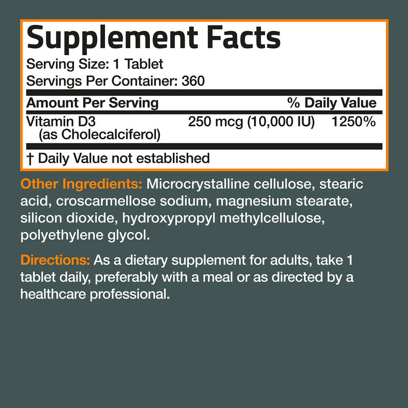Bronson Vitamin D3 10,000 IU (250 MCG) 1 Year Supply for Healthy Muscle Function and Immune Support, Non-GMO, 360 Tablets Unflavored 360 Count (Pack of 1) - BeesActive Australia