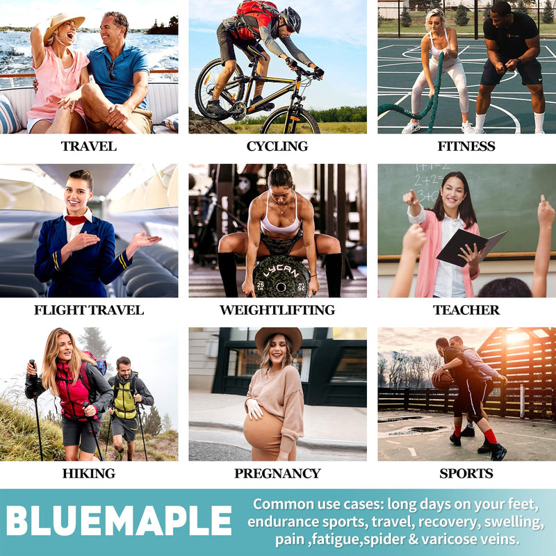 Bluemaple Thigh High Compression Socks for Women and Men Circulation(3 Pairs) Over the Knee-Best Support for Running,Travel Large-X-Large Black