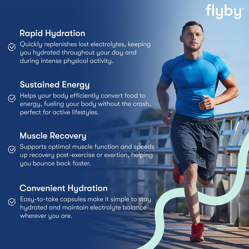 Flyby Electrolyte Capsules, No Added Sugar, Non-GMO - 60 Count | Sodium, Potassium, Vitamin D3, B Vitamins, Copper & Manganese. Sugar-Free Hydration and Energy On The Go. 30 Days Supply Unflavored - Capsule
