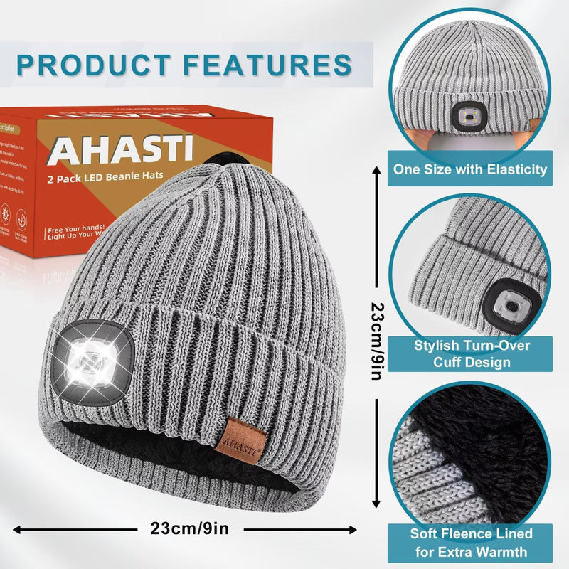 Beanie with Light for Men 2 Pack, Hat with Light Built in Rechargeable Winter Warm Knitted Headlamp Caps, Gift for Men Dads Husband Led Beanie Hats with Light(Black&Light Gray) One Size Black&light Gray