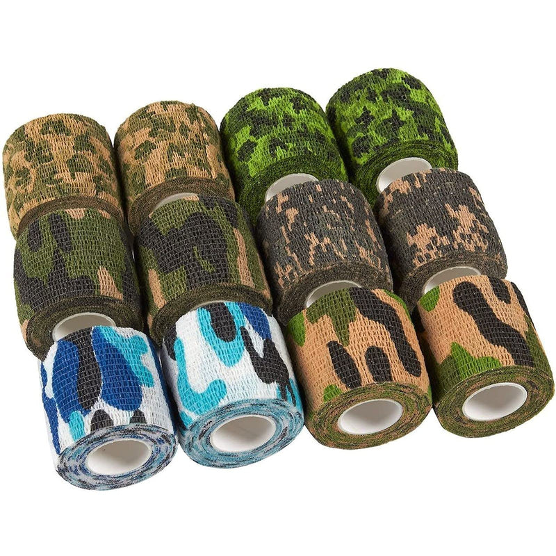 Juvale 12-Rolls Self Adhesive Bandage Wrap, Vet Tape - 2 in x 5 Yds Breathable, Elastic Cohesive Wrap Tape for Wrist, Swelling, Sports, Tattoo (Camo Designs)