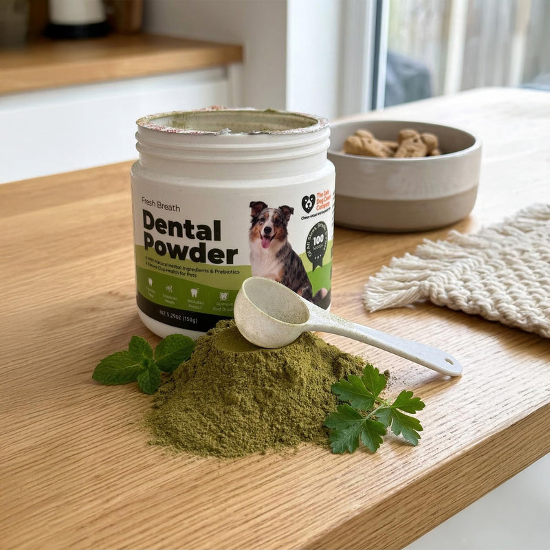 Dental Powder for Dogs & Cats – Freshens Breath, Reduces Plaque, Prevents Tartar – with Natural Herbal Ingredients & Prebiotics – Boosts Oral Health for Pets – 150g (5.29oz)