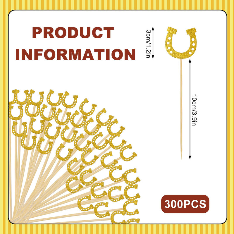 Whaline 300 Pcs Cocktail Picks 5.1'' Horseshoe Bamboo Cupcake Toppers Cocktail Skewer Gold Glitter Food Fruit Picks with Sticks Glue Points for Western Theme Party Birthday Baby Shower Supplies - BeesActive Australia