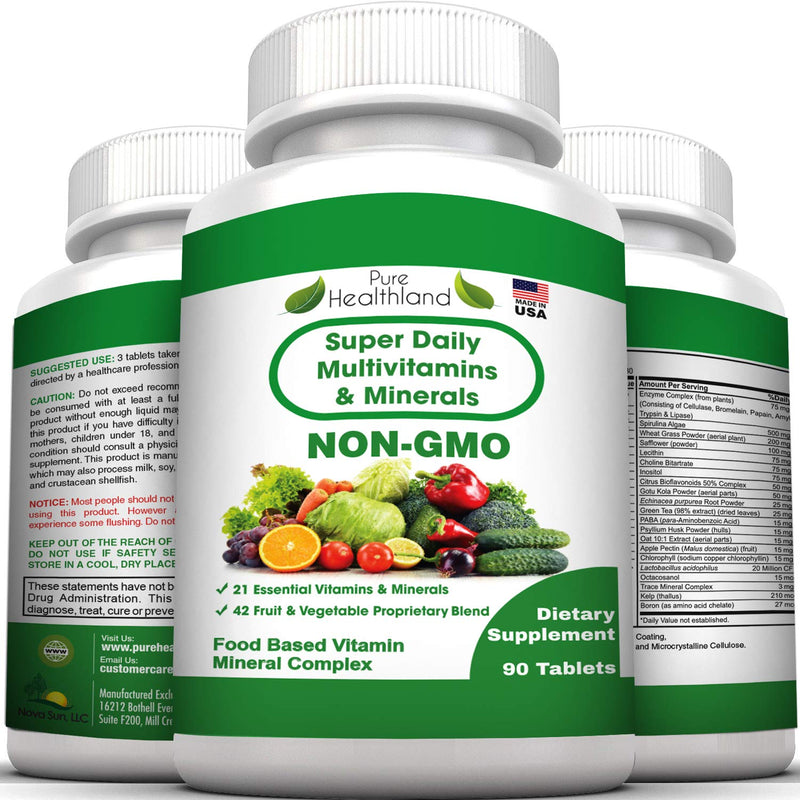 Pure Heathland Non-GMO Super Daily Multivitamin for Adults – 42 Natural Fruits & Vegetables Blend with 21 Essential Vitamins & Minerals – Vegan Coating Tablets, 90 Count, Made in USA 90 Count (Pack of 1)