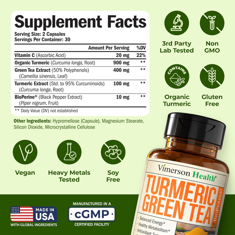 Turmeric Curcumin Supplement with Green Tea Extract (ECGC) & Vitamin C for Joint Health, Energy & Inflammation Balance - Organic Tumeric Curcumin with Black Pepper - Gluten-Free, Non-GMO - 60 Capsules 60 Count (Pack of 1)