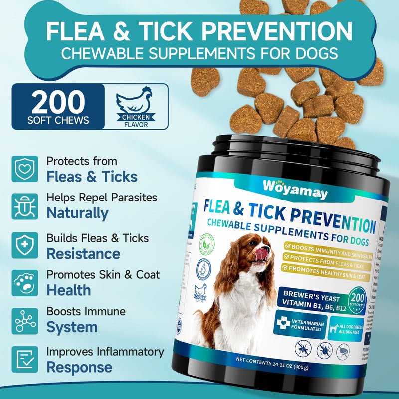 Woyamay Flea and Tick Prevention for Dogs Chewables, 200 Soft Treats, Natural Dog Flea and Tick Treatment, Oral Flea Chews for Dogs Supplement, Flea and Tick Chews for Dogs Puppies, All Breeds & Sizes