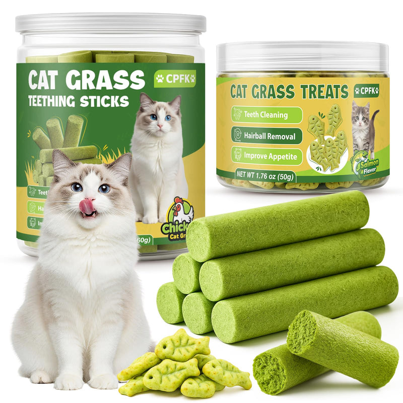 Cat Grass Sticks, 60 g Cat Grass Teething Stick and 50 g Cats Treats, Natural Dental Chews for Teeth Cleaning & Hairball Relief Teething Sticks for Indoor Cats Grain-Free 110 g