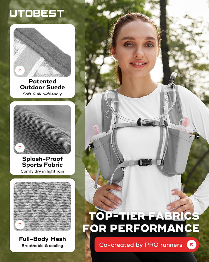 Running Vest, 5L Hydration Vest Lightweight, Breathable and Sweatproof Running Backpack, Adjustable Running Hydration Vest for Trail Running Marathon Race Jogging Cycling Gray Vest 5L with 1.5L Bladder