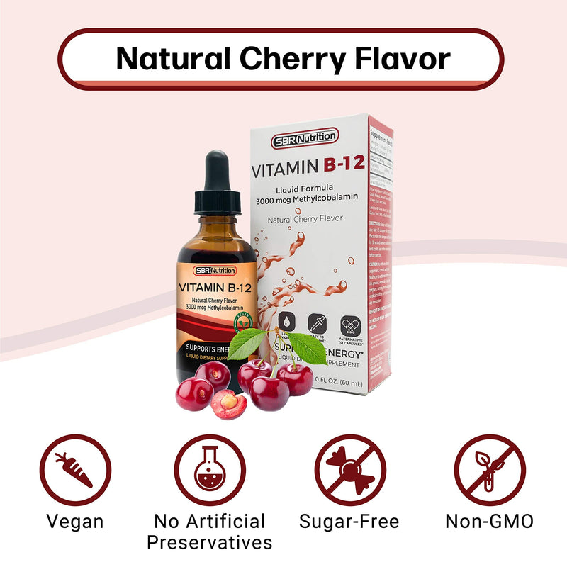 SBR Nutrition Vitamin B12 Sublingual Liquid Drops - Methylcobalamin, VIT B 12 Supports Energy, Max Absorption, 3000mcg Per Serving, 60 Servings, Non-GMO, Vegan Friendly, Manufactured in The USA Natural Cherry - 3000mcg