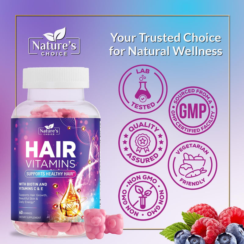 Hair Vitamins Gummies for Hair Growth - Hair, Skin & Nails Beauty Complex with 5000mcg Biotin per Serving - Supports Thicker, Stronger, Radiant-Looking Hair for Women & Men, Berry Flavor