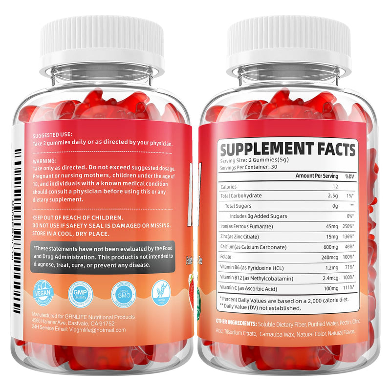 Iron Gummies for Women, Men & Kids, Sugar Free Iron Supplement with Calcium, Zinc, Folate & Vitamin B12, C, B6 - for Blood Building & Energy Support, Anemia, Strawberry, 120 Count 60 Count (Pack of 2)