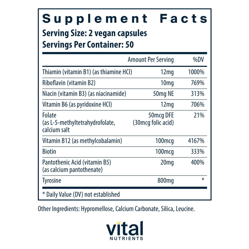 Vital Nutrients Tyrosine and B Vitamins - Thyroid, Immune, and Nerve Support Formula - Adrenal Support Complex - Gluten, Dairy, Soy Free - Non-GMO - 100 Capsules