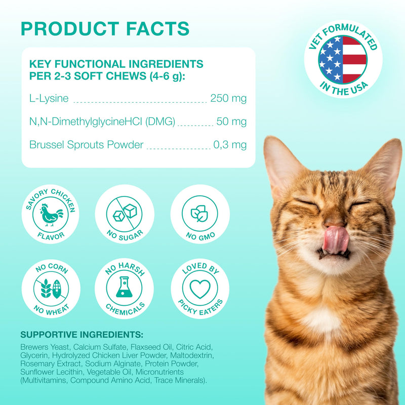 Lysine Cat Treats – L‑Lysine Immune & Respiratory Support for Cats & Kittens of All Breeds and Ages – Helps Cats Prone to FHV‑1, Sneezing, Runny Nose & Watery Eyes – 135 Chicken Chews