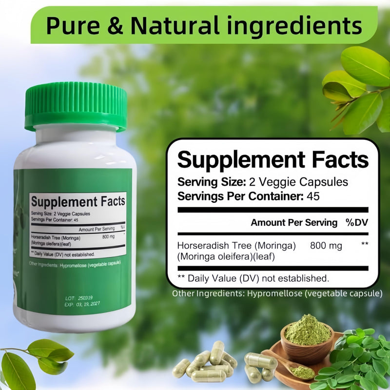 Moringa Capsules， Blended Vitamin & Mineral Supplements Non-GMO & Gluten-Free，90 Capsules 800mg Pure Moringa，Powder Supplement for Energy, Joint, Immunity & Gut Health Support