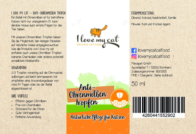 I love my cat Anti-ear mite drops High-quality care product for cats The drops contain neither chemical additives nor other potentially harmful ingredients 50 ml - BeesActive Australia