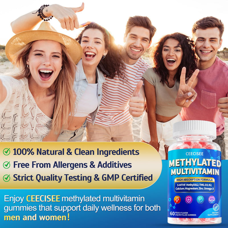 Adults Methylated Multivitamin Gummies: Sugar Free Daily Vitamin B Complex with Methyl Folate B12 D3 Methylfolate CoQ10 Calcium Omega - MTHFR Overall Health Support for Women Men(60Count) Mixed Berry 60 Count (Pack of 1)