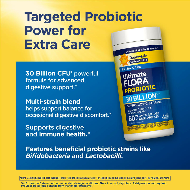 RenewLife Extra Care Ultimate FLORA Probiotic, 60 capsules | 60 Vegetarian Capsules | Supports Digestive, Immune & Respiratory Health | Dairy, Soy and Gluten-Free Supplement 30 Billion CFU 60 Count (Pack of 1)