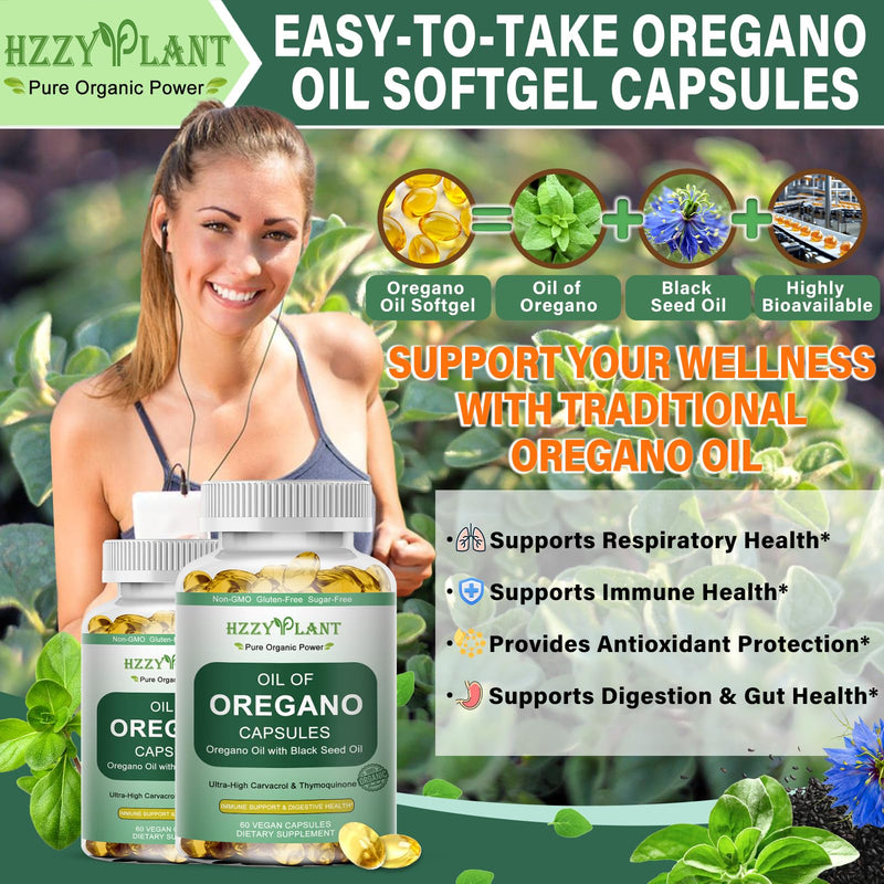 Oil of Oregano with Black Seed Oil Softgels, High Absorption Organic Oregano Oil Capsules for Immune Support Digestive Health Antioxidant, Concentrated Carvacrol & Thymoquinone, Vegan, 2 Month Supply